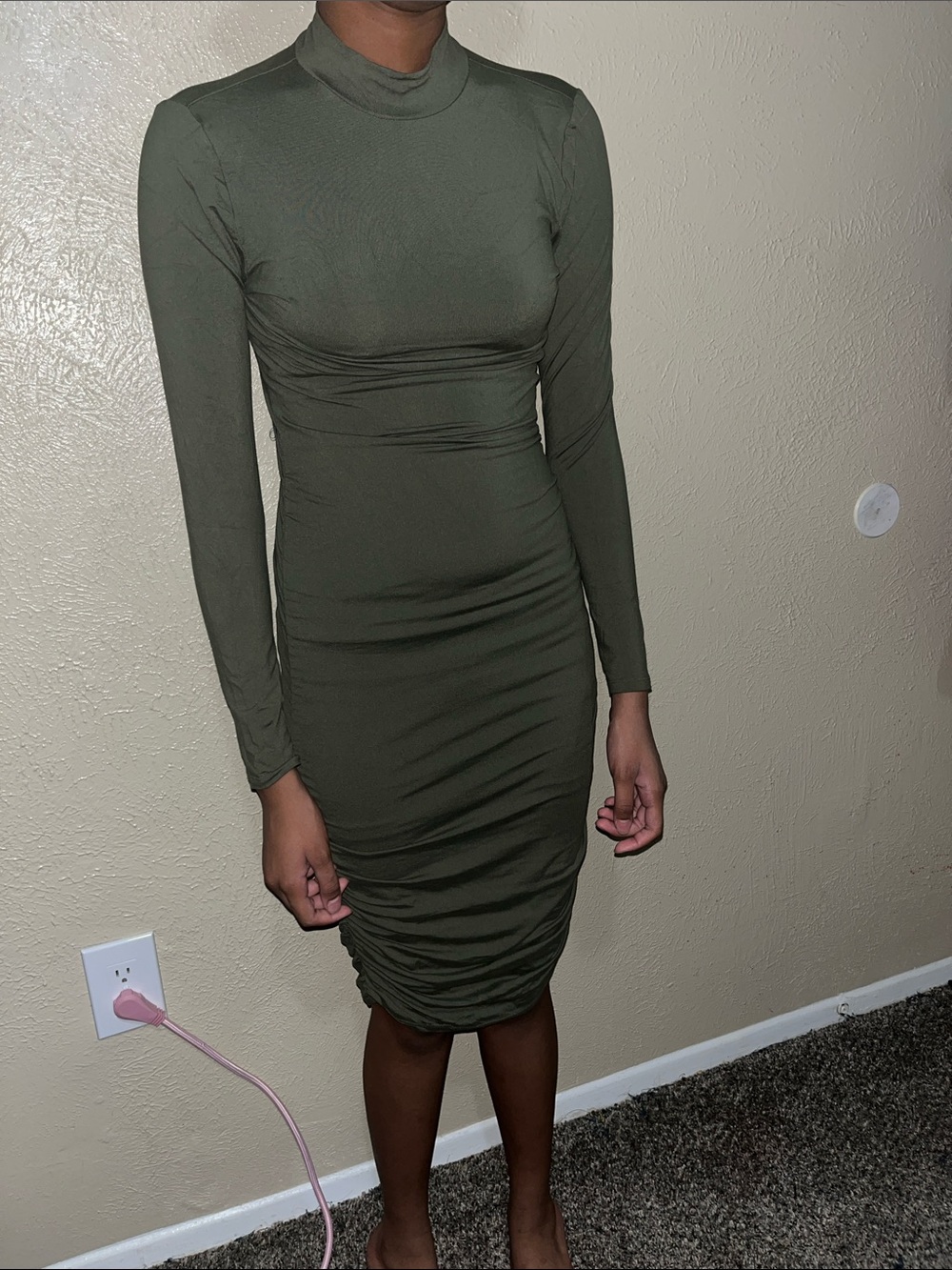 Long Sleeve Mock Neck Ruched Bodycon Dress - Olive Green